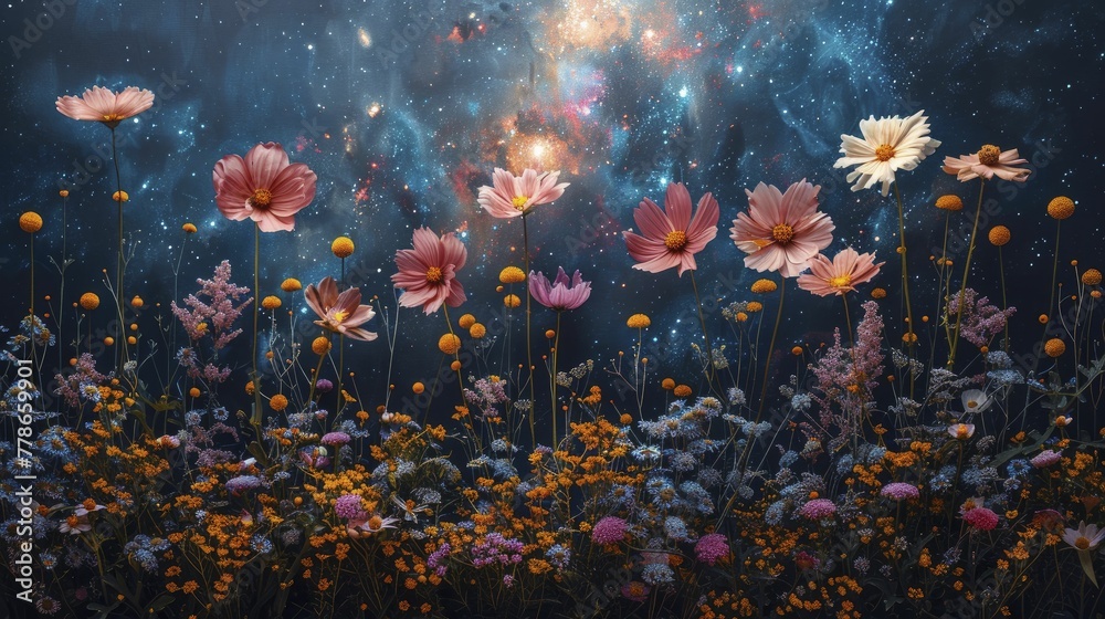 Swirling Galaxy and Blooming Flowers, Cosmic Summer Nights Photography Backdrop