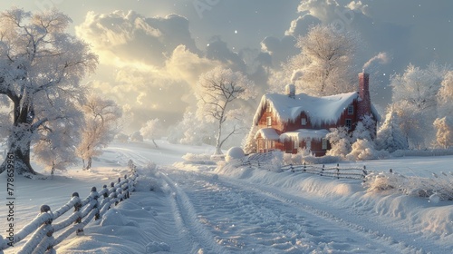 Explore the picturesque charm of snow-dusted farmhouses amidst frosty mornings in the serene rural winter landscape.