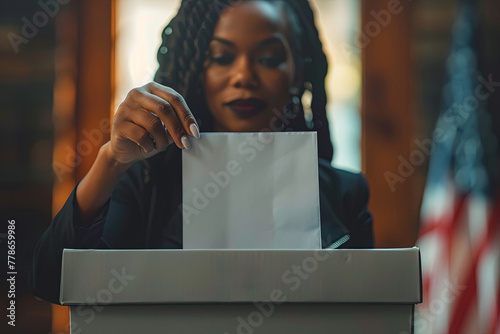 Voter putting voting paper in ballot box during elections. Election voting concept with American flagg on background for votes in United States of America photo