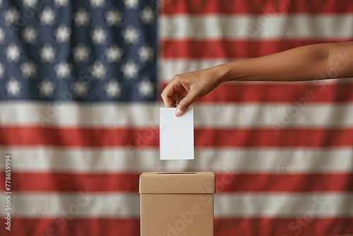 Voter putting voting paper in ballot box during elections. Election voting concept with American flagg on background for votes in United States of America photo