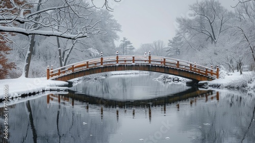 Amidst snow-covered bridges and river reflections, winter's stillness envelops the serene landscape in a tranquil embrace.