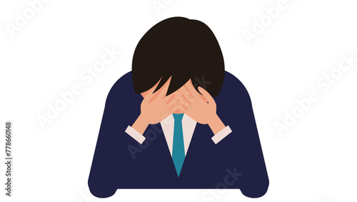 顔に両手をあてて落ち込むサラリーマンの正面イラスト