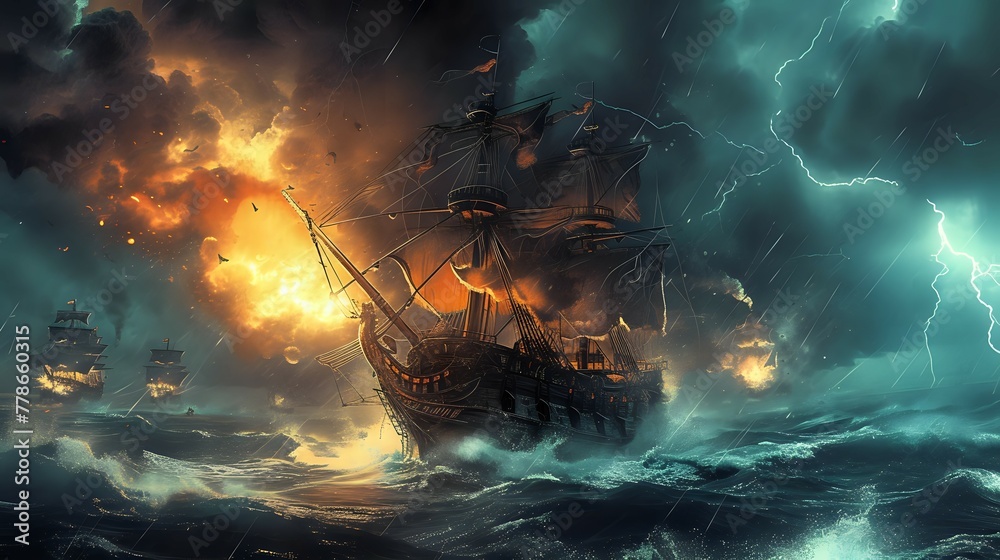 Battle at Sea: Pirates Amidst the Fury of the Waves./n Battle at Sea: Pirates Amidst the Fury of the Waves./n