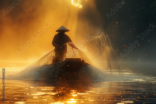 Asia fisherman net using on wooden boat casting net in the Mekong river at sunset 