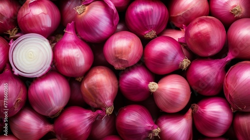 Collection of red onion background. Healthy eating and diet food concept. Whole and sliced vegetable composition and design element. Top view, flat lay