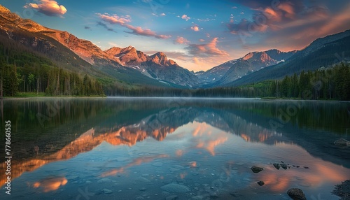 Lakes nestled amidst mountains provide a stunning backdrop for sunset scenes, with reflections of snow-capped peaks and colorful skies mirrored in the tranquil waters photo