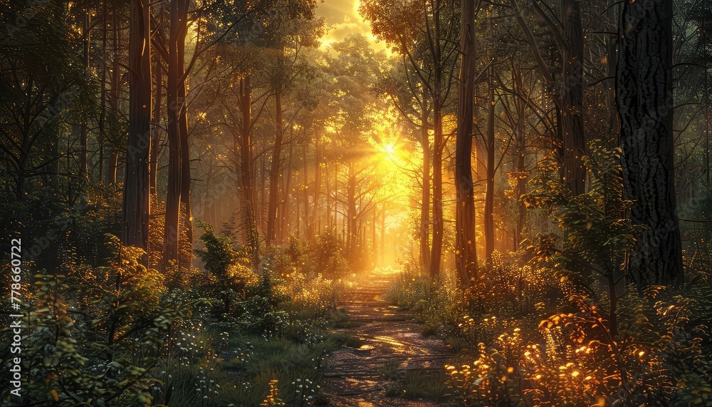 Sunset in the forest creates a magical and mystical ambiance, with sunlight filtering through dense foliage and casting long shadows on the forest floor Sunset in the forest creates a magical and mystical ambiance, with sunlight filtering through dense foliage and casting long shadows on the forest floor