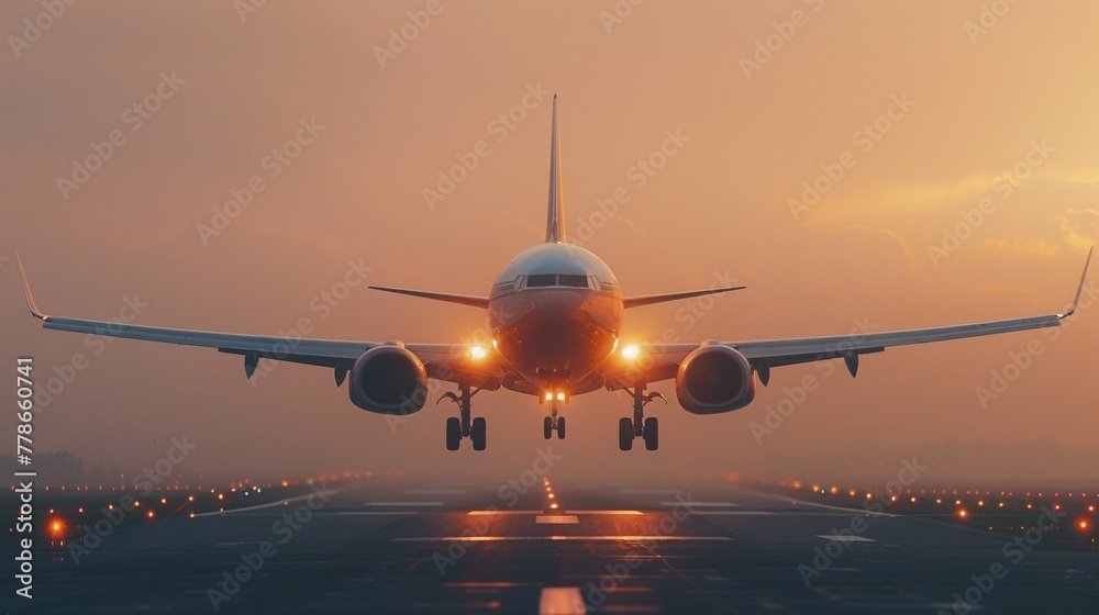 Landing a plane against a golden sky at sunset