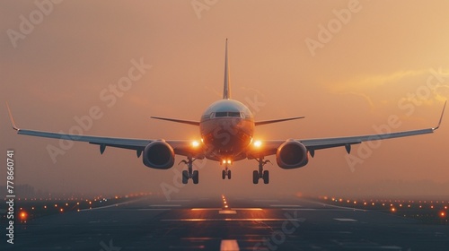 Landing a plane against a golden sky at sunset
