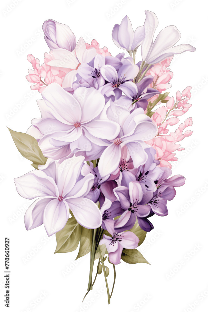 Floral Bouquet of Spring Flowers: Cherry Blossoms, White Magnolias and Lilacs in Pink, Light Purple and White on a Transparent Background Floral Bouquet of Spring Flowers: Cherry Blossoms, White Magnolias and Lilacs in Pink, Light Purple and White on a Transparent Background
