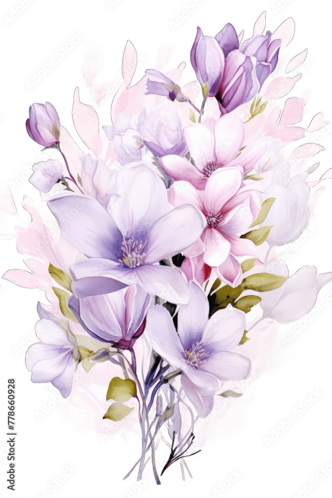 Floral Bouquet of Spring Flowers: Cherry Blossoms, White Magnolias and Lilacs in Pink, Light Purple and White on a Transparent Background