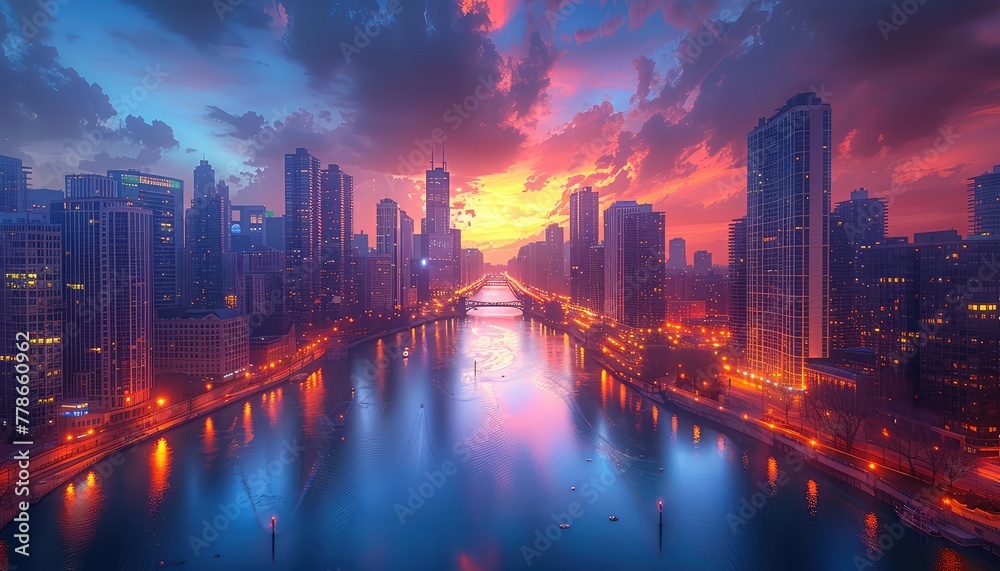 Obraz premium Cityscapes at sunset are alive with vibrant colors, glowing skylines, and bustling streets. Capture iconic landmarks, skyscrapers, and bridges illuminated by the fading light, with reflections shimmer