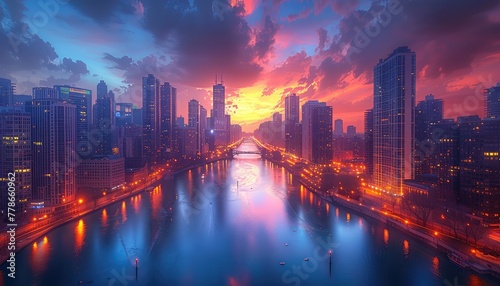 Cityscapes at sunset are alive with vibrant colors, glowing skylines, and bustling streets. Capture iconic landmarks, skyscrapers, and bridges illuminated by the fading light, with reflections shimmer