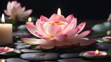 Beautiful spa composition featuring a lotus flower surrounded by flickering candles placed on a dark, serene background. The lotus is depicted in full bloom, its delicate petals gently unfolding, show