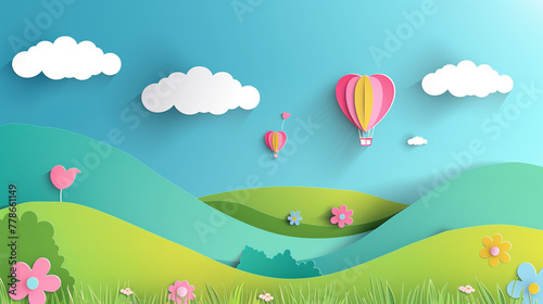 Paper cut style of a beautiful field landscape in the summer time, the sky is blue and there are several hot air balloons in the air.