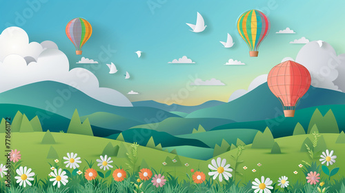 Paper cut style of a beautiful field landscape in the summer time, the sky is blue and there are several hot air balloons in the air.