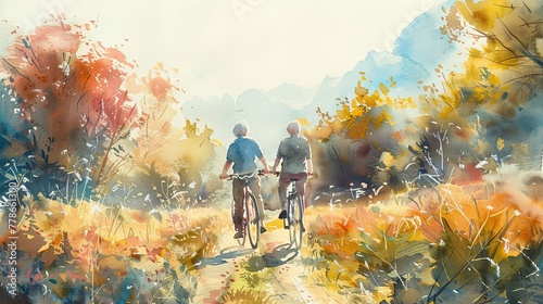 Watercolor painting, healthy senior couple bonding enjoying a leisurely bike ride through a scenic trail, happy moment joyful laughing movement, wellness retirement pensioner people activity lifestyle photo