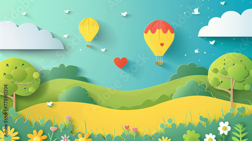 Paper cut style of a beautiful field landscape in the summer time  the sky is blue and there are several hot air balloons in the air.