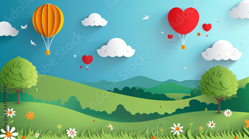 Paper cut style of a beautiful field landscape in the summer time  the sky is blue and there are several hot air balloons in the air.
