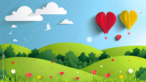 Paper cut style of a beautiful field landscape in the summer time  the sky is blue and there are several hot air balloons in the air.