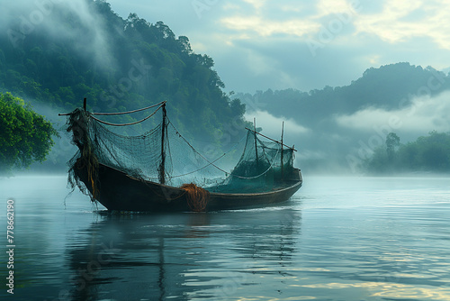  wooden boat casting net in the Mekong river in the morning