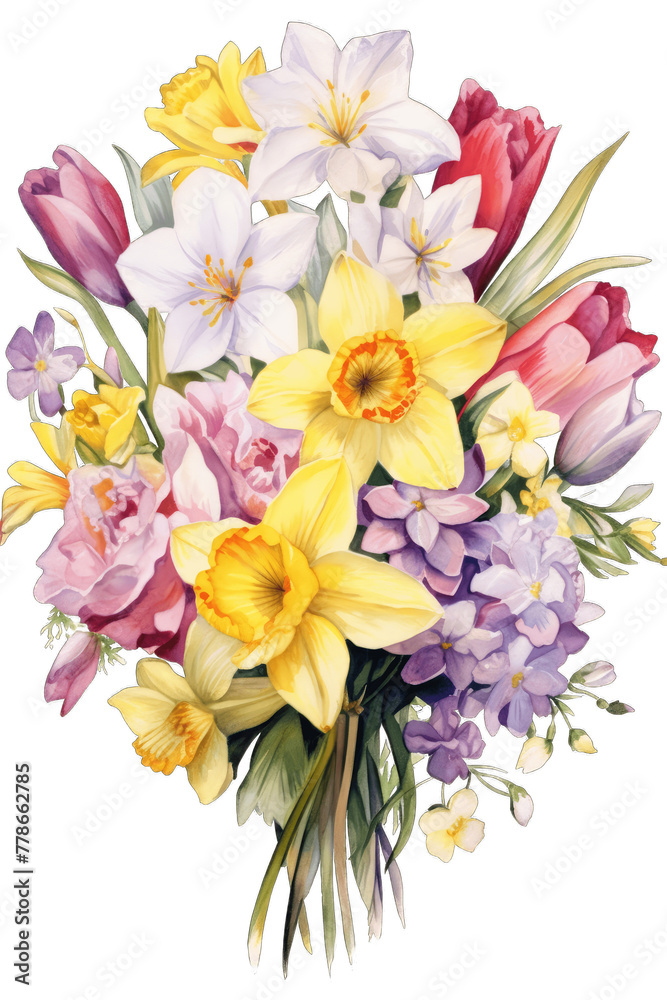 Floral Bouquet of Spring Flowers: Tulips and Daffodils in Pink, Lavender and Yellow on a Transparent Background
