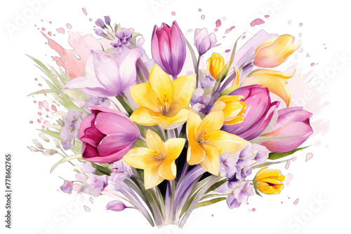 Floral Bouquet of Spring Flowers  Tulips and Daffodils in Pink  Lavender and Yellow on a Transparent Background