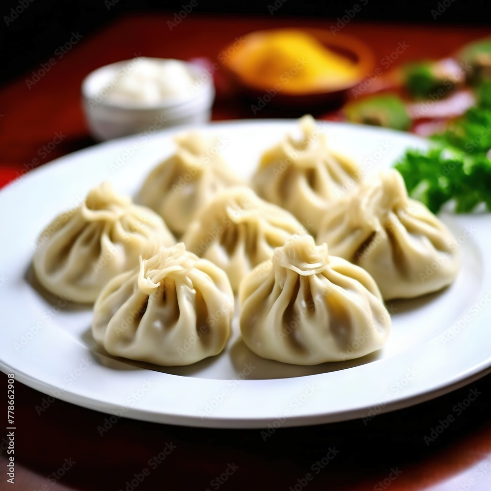 khinkali on a white plate. dish of Georgian cuisine. minimalist style. khinkali on a white plate. dish of Georgian cuisine. minimalist style.