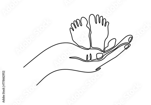 Mom hands hold the legs of a newborn one line art with colorful elements. Continuous line drawing of motherhood, family, endless love, child, mother s day, baby feet, tenderness.