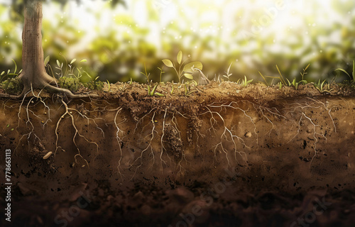 An illustration of the roots underground, symbolizing growth and life. A cross-section view showing soil with plant roots below ground level, representing vegetation in earth's layers.