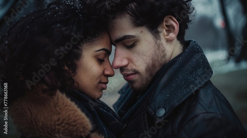 Portrait of a young couple in love kissing in the rain.