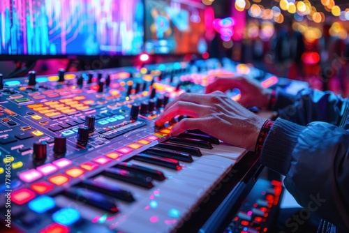 Close-up of a persons hands playing a synthesizer with colorful lights in the background. photo
