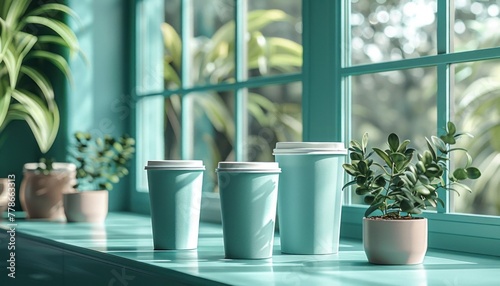 Three paper coffee cups with white lids on the windowsill with green plants on each side