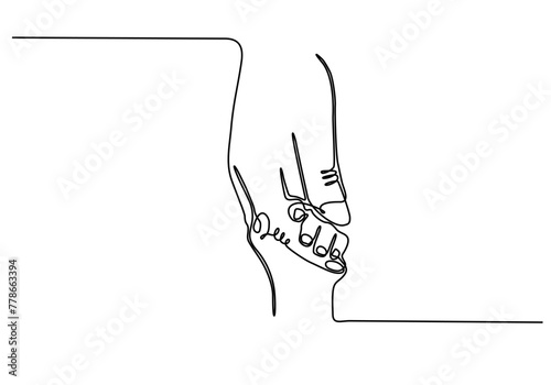 
continuous line illustration of mother and child hands. One line drawing of adult and young hands holding hands with love vector.