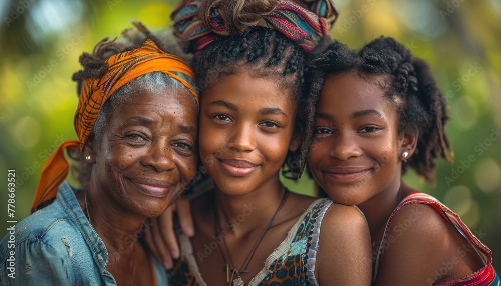 Three generations of beautiful black women smiling together in a ...
