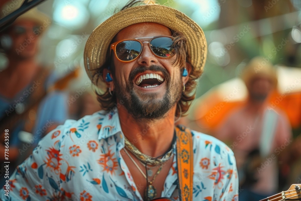 Portrait of a Bearded Man Wearing a Straw Hat and Sunglasses, Outdoors Smiling Portrait of a Bearded Man Wearing a Straw Hat and Sunglasses, Outdoors Smiling