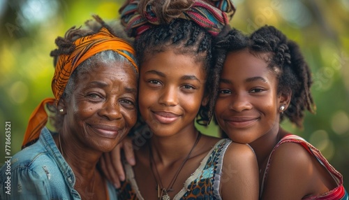 Three generations of beautiful black women smiling together in a heartwarming family portrait