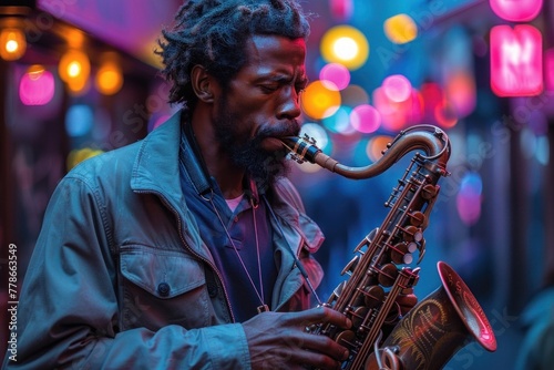 African American man playing the saxophone at night in the city lights