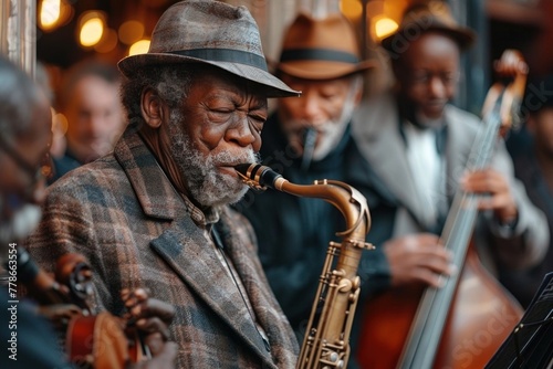 Senior African American man playing the saxophone in a jazz band with a blurred background