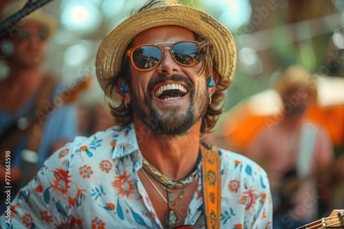 Portrait of a Bearded Man Wearing a Straw Hat and Sunglasses, Outdoors Smiling
