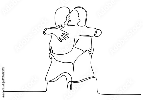 Continuous line drawings of cheerful friends embracing each other. Two young guys hugging each other. Feel happy friends meet with hugs isolated on white background. hugging. embracing. Vector