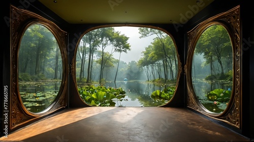 landscape of foggy morning with lotus pond in the garden