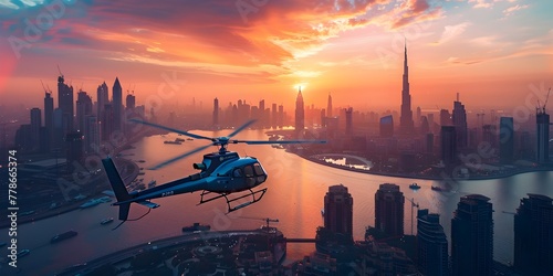 Dramatic aerial view of a bustling metropolitan cityscape at sunset or sunrise with helicopters flying over the skyscrapers and modern architecture photo