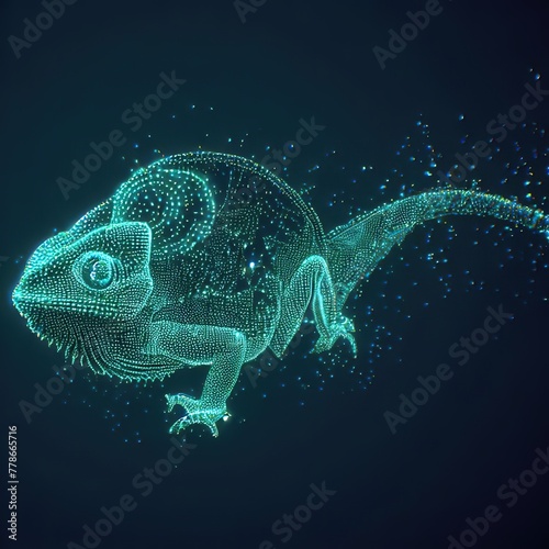Chameleon in linear and particle form with dark background.with Generative AI technology	 photo