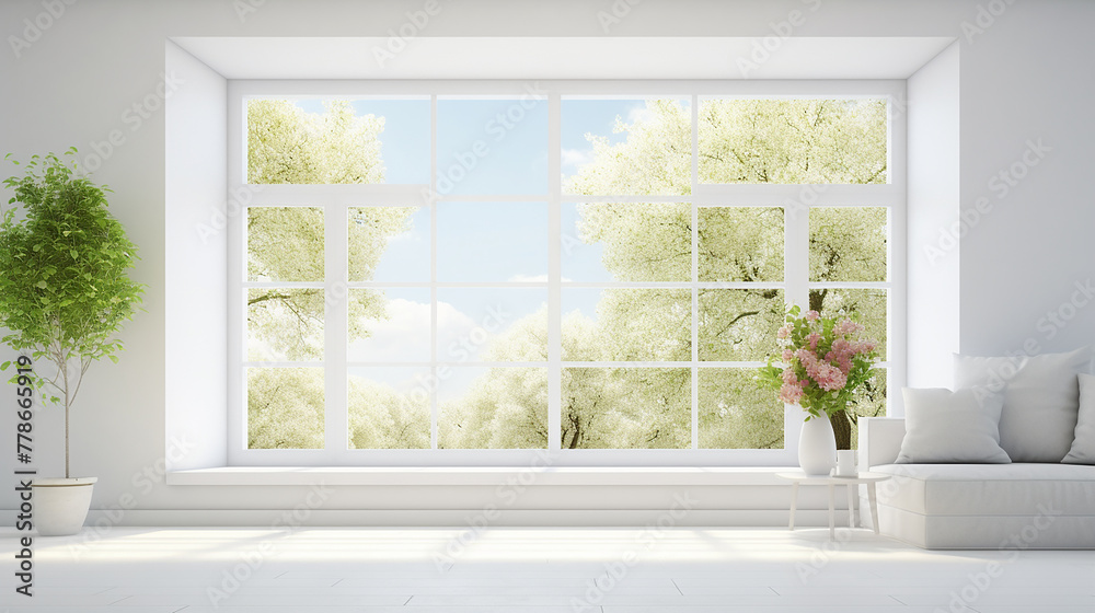 Fototapeta premium stylish empty room in white color with summer landscape