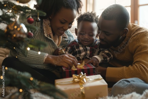 a black family open gift under christmast tree during christmast.       photo