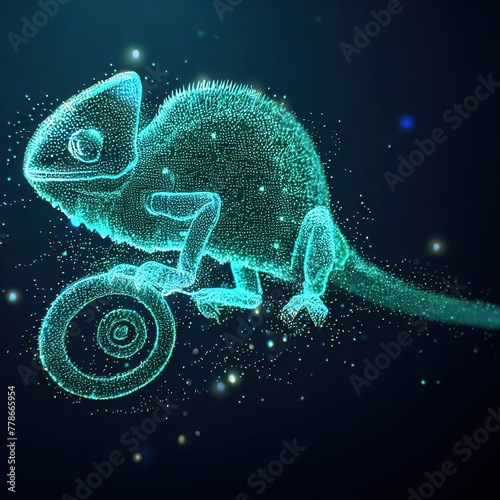 Chameleon in linear and particle form with dark background.with Generative AI technology
 photo