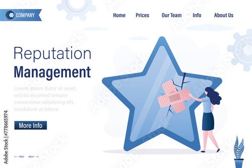 Businesswoman fix broken rating star with bandage. Reputation management, landing page template. Customer experience or rating, manager repairing or fix customer trust problem,