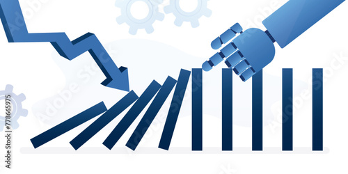 Robot hand try to stop domino effect. Stop business disruption by ai. Business resilience. New technology for business protection.