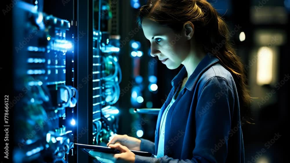 A specialist young woman working in the server room